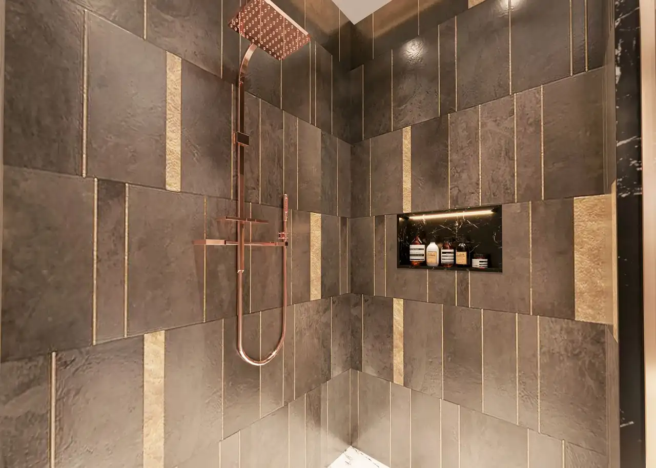 Contemporary shower design with copper fixtures